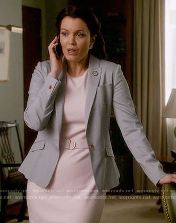 Mellie's pink belted dress and grey blazer on Scandal