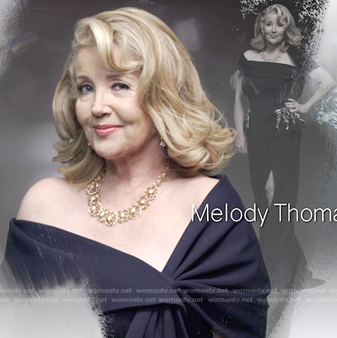 Nikki's navy embellished peplum gown on The Young and the Restless opening credits