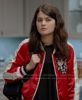 Sabrina's red embroidered bomber jacket on The Mick
