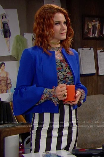 Sally's floral blouse, blue jacket and striped skirt on The Bold and the Beautiful