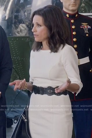 Selina's white three-quarter sleeve dress on Veep