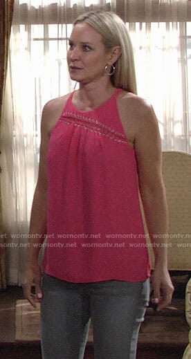 Sharon's coral pink sleeveless slit front top on The Young and the Restless