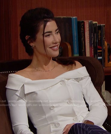 Steffy's white double-breasted off-shoulder top on The Bold and the Beautiful