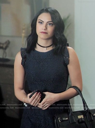 Veronica's navy lace dress with ruffle sleeves on Riverdale