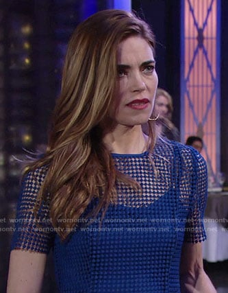 Victoria's blue mesh short sleeve dress on The Young and the Restless