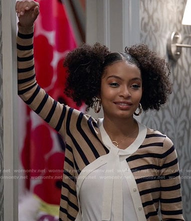 Zoey's beige striped tie-neck cardigan on Black-ish