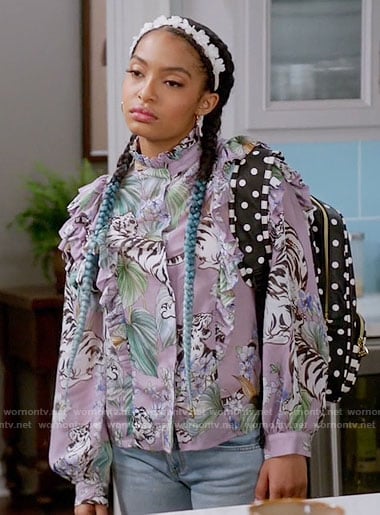 Zoey's purple ruffled tiger print blouse on Black-ish
