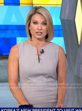 Amy's grey split neck dress with gold pins on Good Morning America