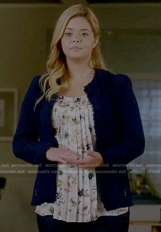Ali's floral pleated top and blue tweed jacket on Pretty Little Liars