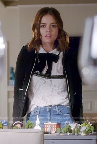 Aria's white top with black tie-neck and black jacket on Pretty Little Liars