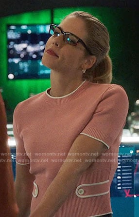 Felicity's pink buttoned back sweater on Arrow