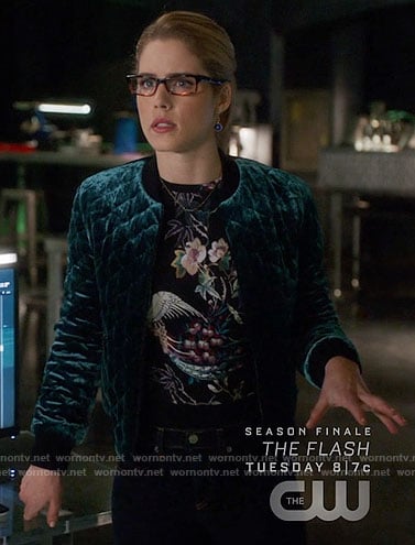 Felicity's quilted velvet bomber jacket and floral top on Arrow