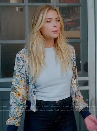 Hanna's grey floral bomber jacket on Pretty Little Liars