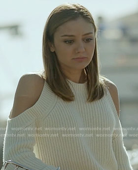 Megan's white cold shoulder sweater on The Arrangement
