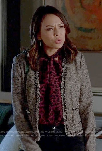 Mona's purple leopard print blouse and tweed jacket on Pretty Little Liars