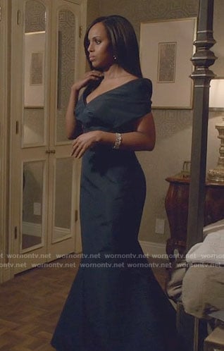 Olivia's navy off-shoulder gown on Scandal