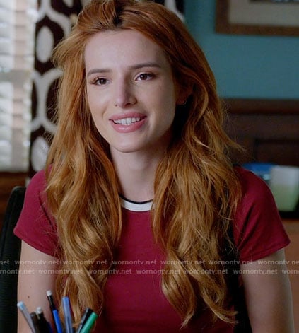 Paige's red tee with contrasting trim on Famous in Love