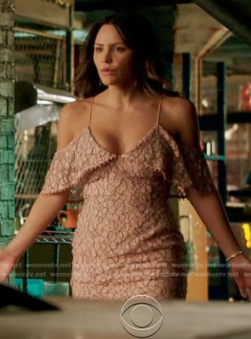 Paige's pink lace open-shoulder dress on Scorpion