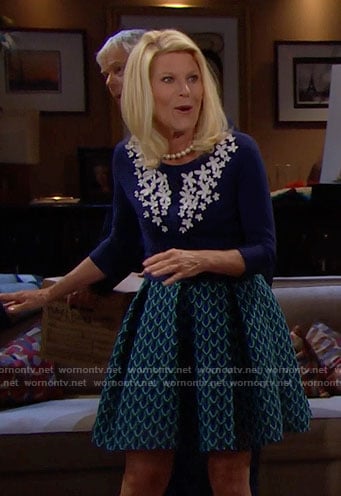 Pam's blue cardigan with white flowers on The Bold and the Beautiful
