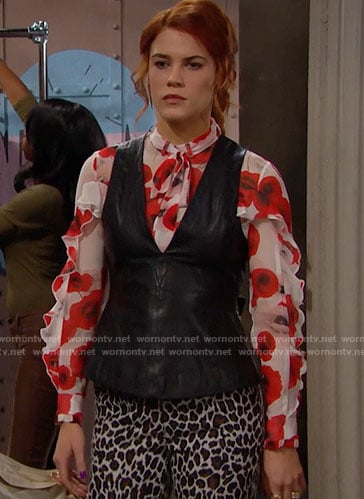Sally's red floral blouse and leather top on The Bold and the Beautiful