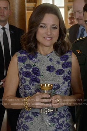 Selina's grey dress with purple flowers on Veep