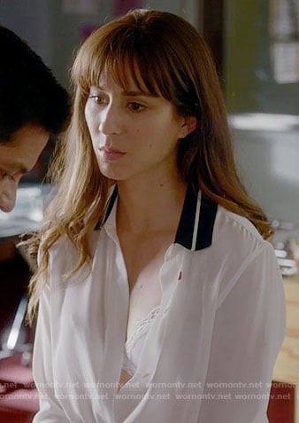 Spencer's white shirt with black collar and lace trim bra on Pretty Little Liars