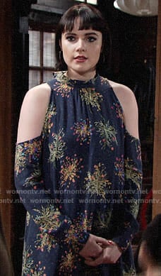 Tessa's navy printed cold-shoulder tunic on The Young and the Restless