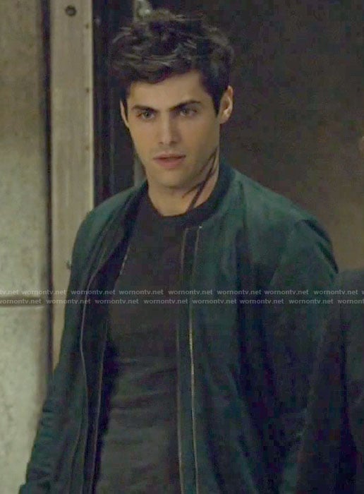 Alec's navy double zip bomber jacket on Shadowhunters