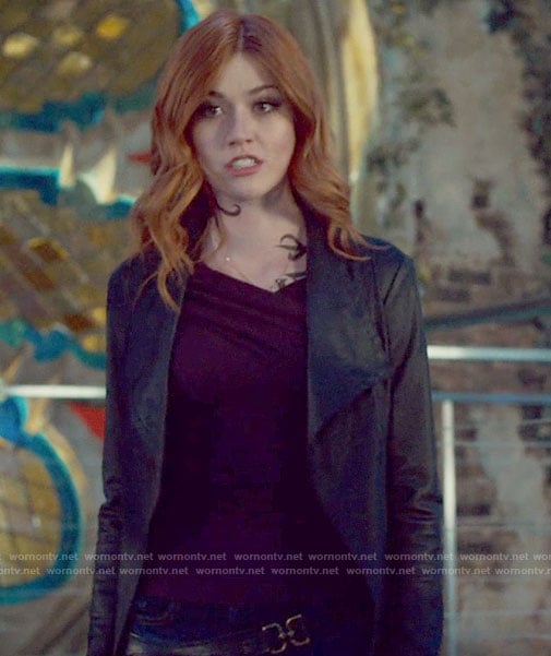 Clary's purple crossed neckline top on Shadowhunters