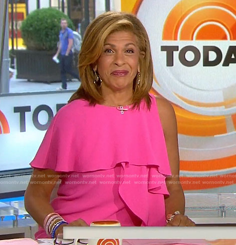 Hoda's pink ruffle one-shoulder dress on Today