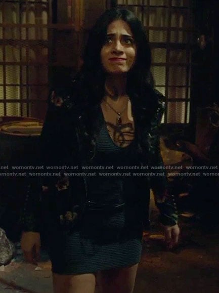 Isabelle's black embroidered moto jacket and mini dress on Shadowhunters