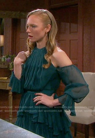 Abby's teal green ruffled cold-shoulder dress on Days of our Lives