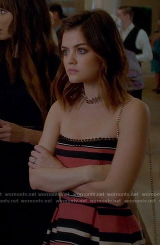 Aria's striped rehearsal dinner dress on Pretty Little Liars