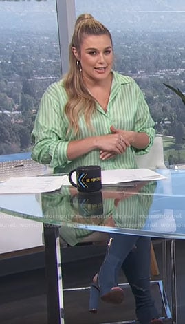 Carissa's green striped shirt and blue boots on E! News Daily Pop