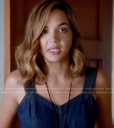 Cassie's denim jumpsuit on Famous in Love