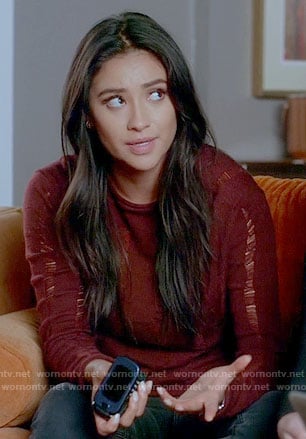 Emily's red distressed sweater on Pretty Little Liars