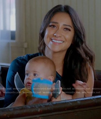 Emily's teal one-shoulder dress on Pretty Little Liars
