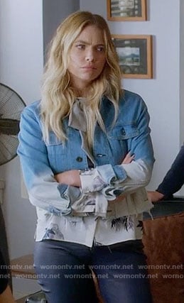 Hanna's printed shirt and ombre denim jacket on Pretty Little Liars