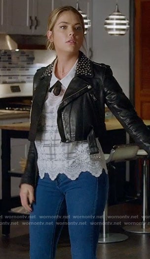 Hanna's white plaid lace top and cropped leather jacket with studded collar on Pretty Little Liars
