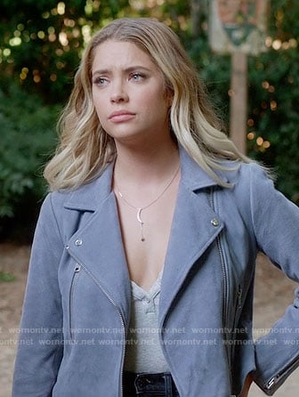 Hanna's blue suede moto jacket on Pretty Little Liars