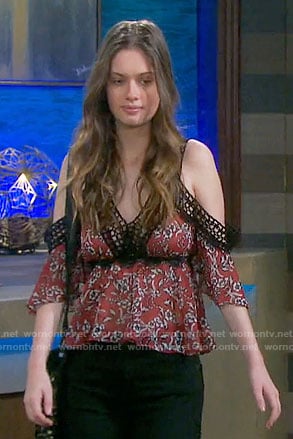 Jade's red floral cold-shoulder top on Days of our Lives