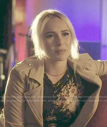 Juliette's floral print top and blush pink leather jacket on Nashville