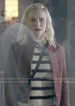 Juliette's striped sweater and studded suede jacket on Nashville