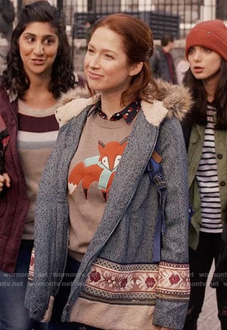 Kimmy's fox sweater and fur hood coat on Unbreakable Kimmy Schmidt