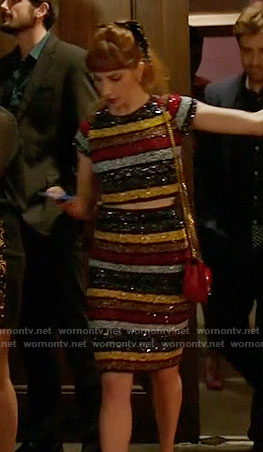 Lauren's embellished striped crop top and skirt on Younger