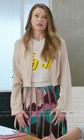 Liza's geometric print skirt and drawstring sleeve jacket on Younger