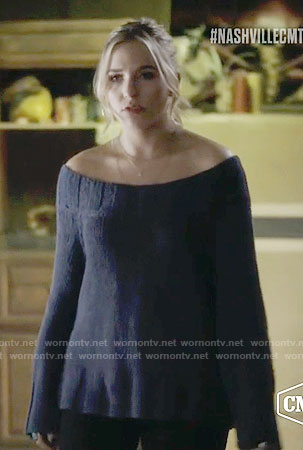 Maddie's blue off-shoulder sweater on Nashville