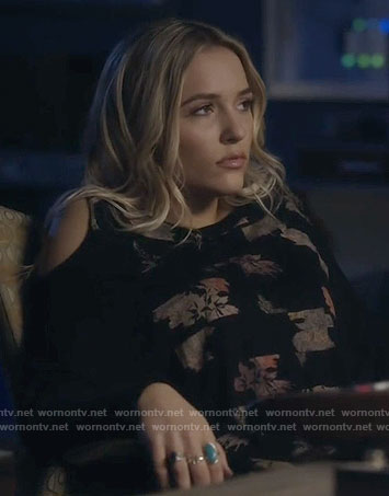 Maddie's black leaf print cold-shoulder top on Nashville