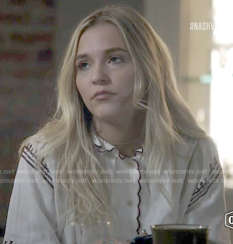 Maddie's white embroidered scallop trim top on Nashville
