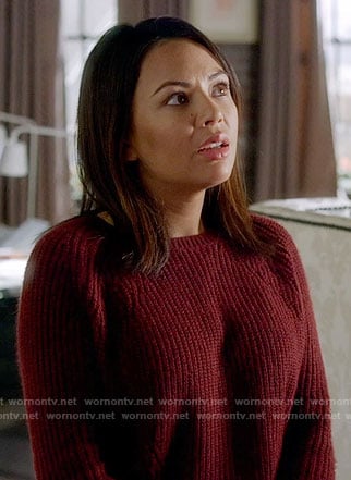 Mona's red ribbed sweater on Pretty Little Liars